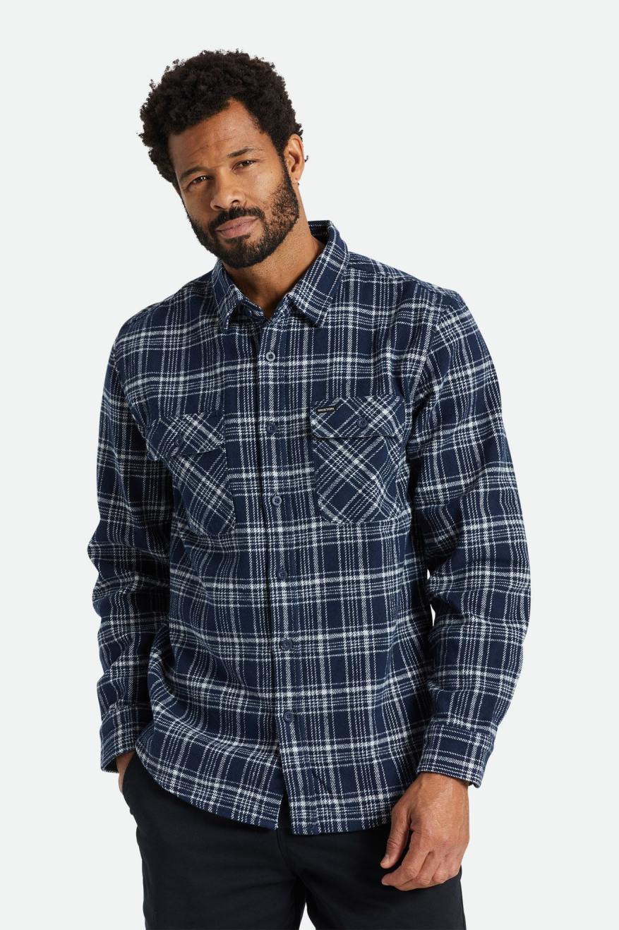 Brixton Bowery Heavy Weight L/S Geweven Tops Heren Donkerblauw Grijs | 497830IGT